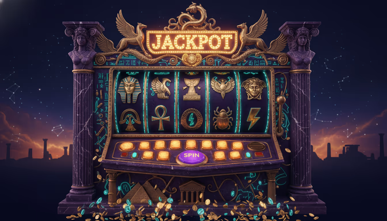 Epischer mythischer Spielautomat mit leuchtenden antiken Göttern
